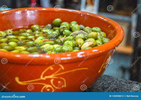 Spanish Green Olives With Garlicsevilleandaluciaspain Stock Photo