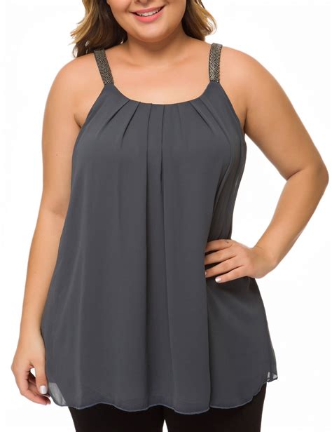 Women Plus Size Cami Casual Pleated Chiffon Tank Top Strap Gray