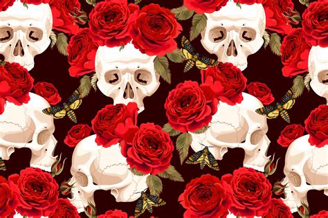 A Lot Of Skulls And Red Roses On A Black Background Miscellaneous
