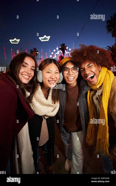 Vertical Four Happy Friends Taking Smiling Selfie Looking Camera