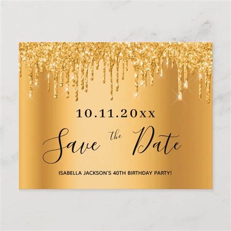 40th Birthday Party 40 Gold Glitter Save The Date Postcard Zazzle