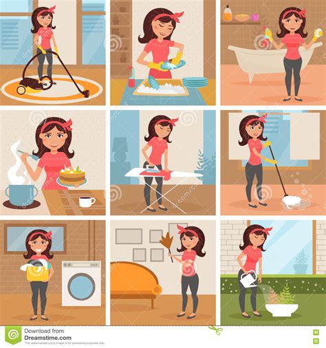 Ama De Casa Limpieza Cocinando Lavándose Ilustración