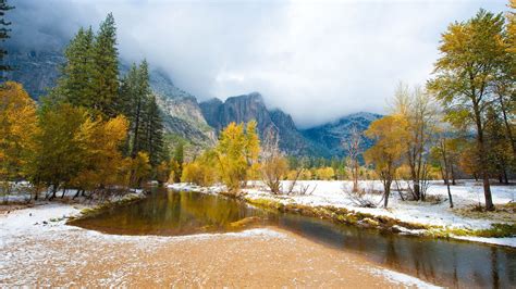 Wallpaper Early Winter Nature Landscape Trees Snow River Mountains