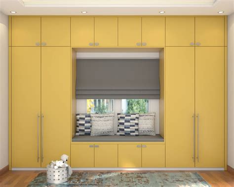 Contemporary Yellow Themed Wardrobe Design With Seating Livspace