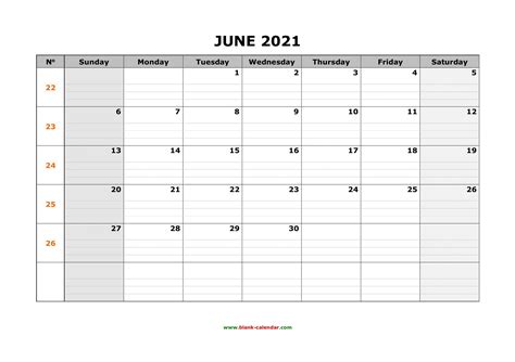 Blank Monthly Calendar 2021 June 2021 With Grid Calendar Template