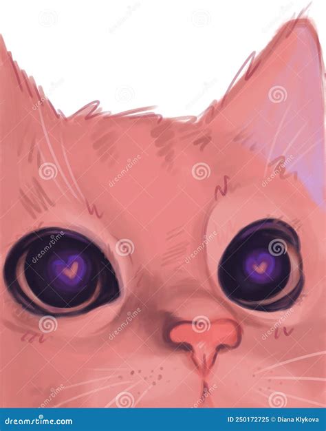 Cute Pink Cat With Heart In Eyes Digital Cat Art Illustration On
