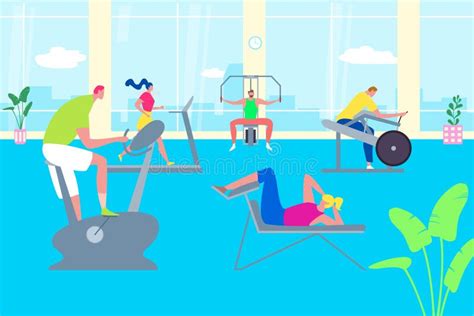 people training in gym cartoon characters working out active sport exercise vector