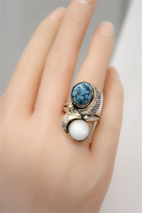 Genuine Turquoise And Mother Of Pearl Ring Vintage Sterling Etsy