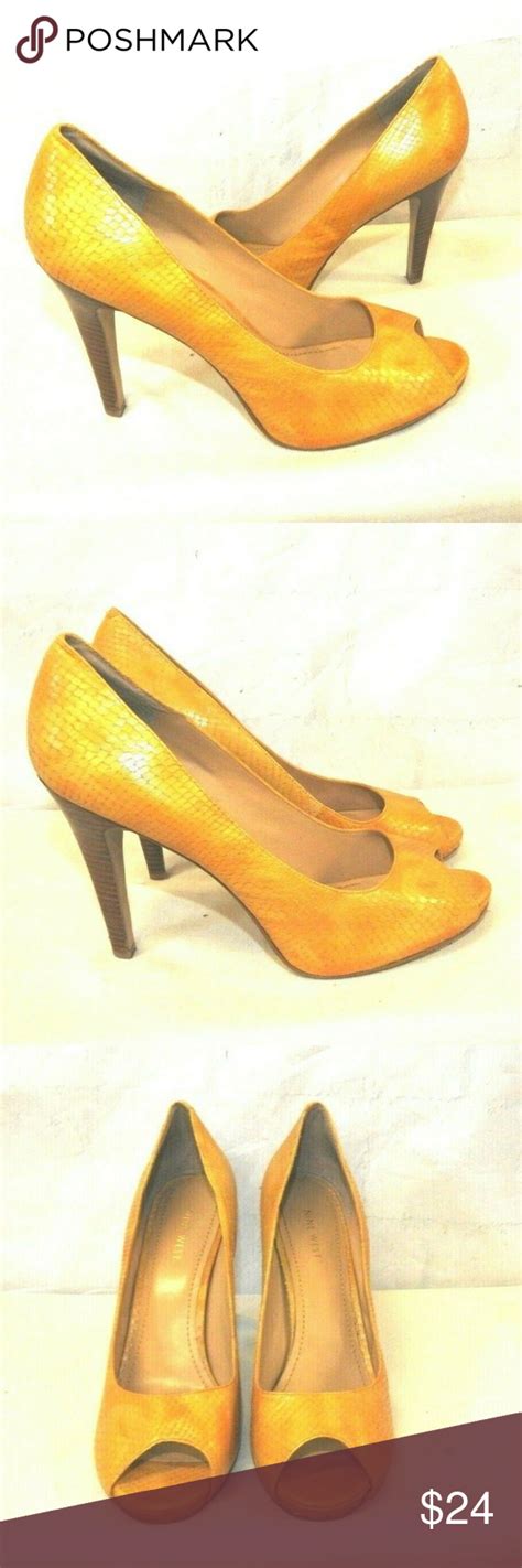 Womens Mustard Reptile Leather Open Toe Pumps Open Toe Pumps Shoes