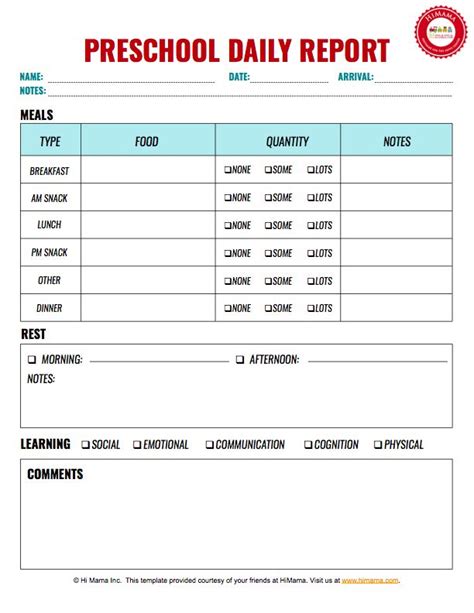 Infant And Toddler Daily Reports Free Printable Himama Preschool