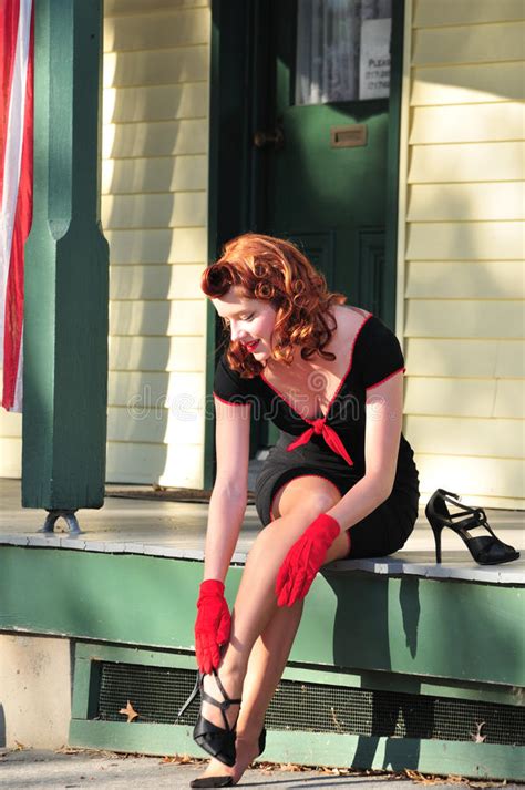 Pretty Redhead Putting On Her Heels Stock Image Image Of Vintage