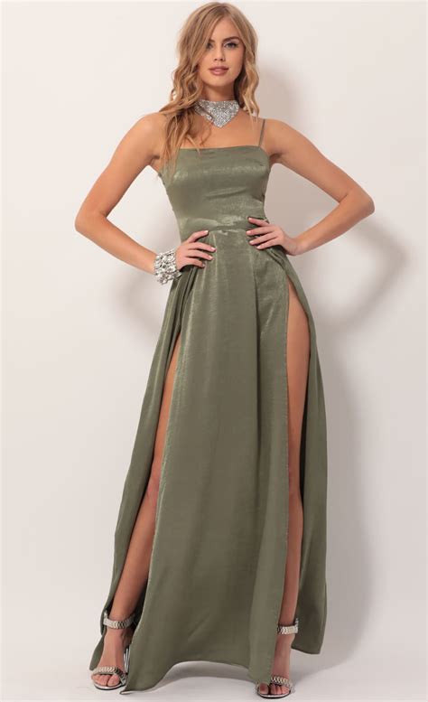 Party Dresses Gala Satin Maxi Dress In Olive Green Green Satin