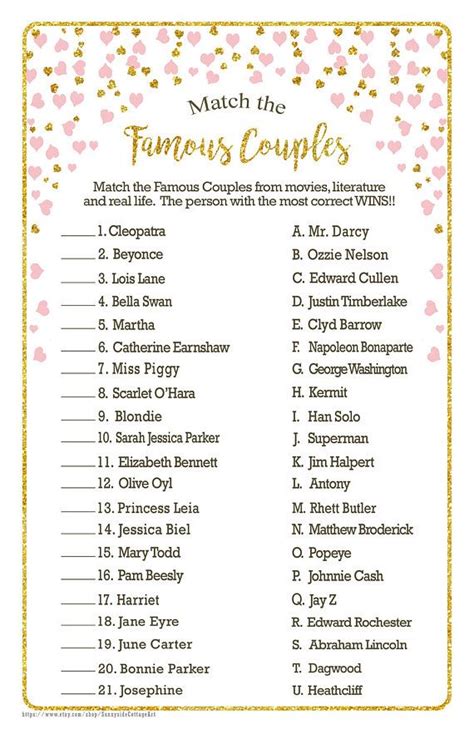 Famous Couples Game Free Printable