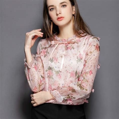 2019 spring long sleeve o neck floral print chiffon blouses women sweet pink chiffon shirts