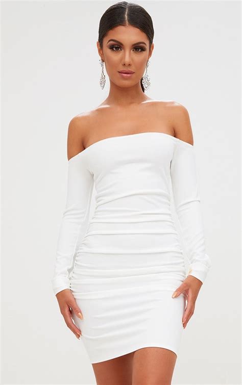 White Long Sleeve Ruched Bardot Bodycon Dress White Long Sleeve Dress Bodycon Women Bodycon