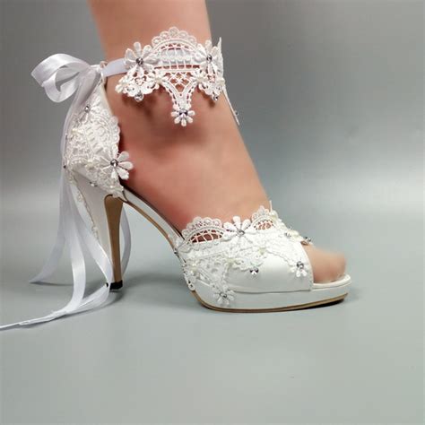 Womens Wedding Shoes New Arrival Peep Toe White Lace Up Shoes Two Piece