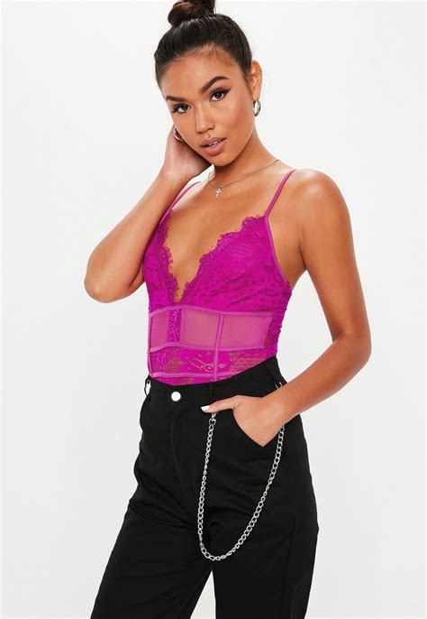 Pink Lace Mesh Panel Strappy Bodysuit Missguided Lace Bodysuit Women Tops Online Pink Lace
