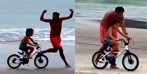 Vídeo de pai ensinando filho a andar de bicicleta viraliza após reação emocionante dos dois O