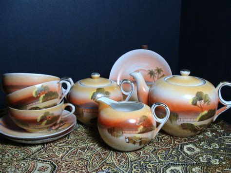Vintage Hand Painted Japan Porcelain Tea Set Palm Trees Beach Retro Orange Pitcher Creamer Sugar