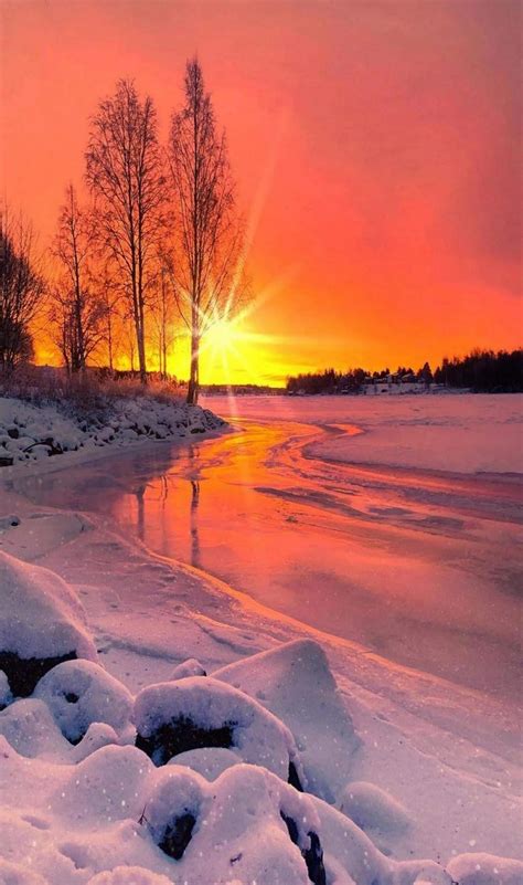 The Sun Is Setting Over A Frozen Lake With Trees In The Background And