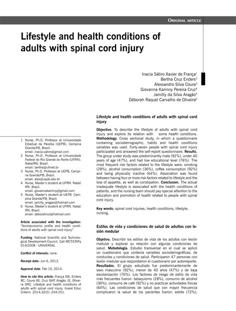 Pdf Lifestyle And Health Conditions Of Adults With Spinal Cord Injury