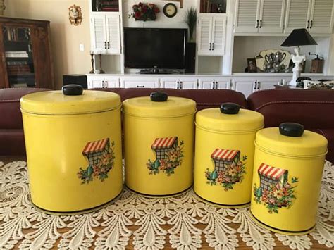 Vintage Canister Set Mid Century Yellow Floral Design Housewares