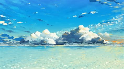 Water Sky Clouds Painting Wallpaper Art And Paintings