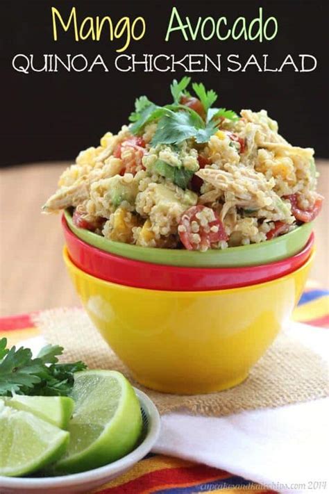 Top with chicken, mango, onion, pepper, and greens. Mango Avocado Quinoa Chicken Salad - Cupcakes & Kale Chips