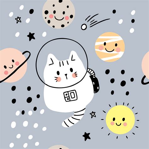 Cartoon Cute Cat In Galaxy And Planets Seamless Pattern