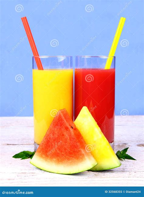 Red Yellow Watermelon And Juice With Straw Stock Image Image Of