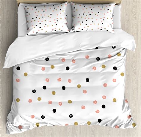 Pink Polka Dots Duvet Cover Set King Size Doodled Hand Drawn Strokes Artistic Backdrop Elements