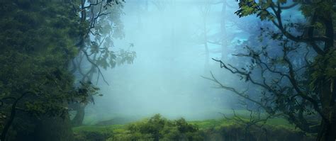 Download Wallpaper 2560x1080 Fog Trees Art Forest Branches Dual
