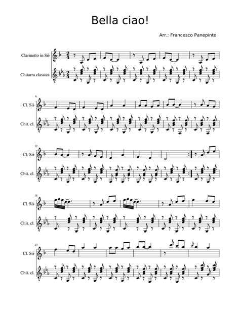 Bella Ciao Bb Clarinet And Guitar Sheet Music For Clarinet In B Flat