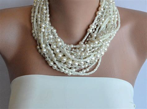 Chunky Layered Ivory Pearl Necklace With Rhinestones Brides Bridesmaids Via Etsy