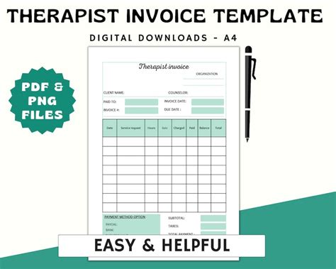 Therapist Invoice Green Printable Therapy Invoice Therapist