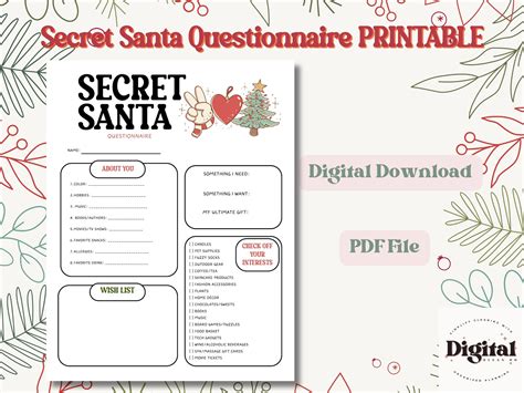 Printable Secret Santa Questionnaire Christmas Party Work Secret Santa