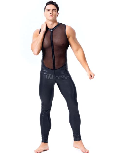 Men Sexy Costume Pu Leather Sheer Night Club Wear Stripper Costume