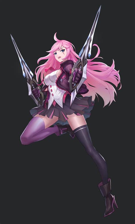 An Anime Character With Pink Hair And Long Legs Holding Two Large