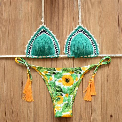 sexy green sunflower bottom tassel tie up knit ties side brazilian bikini set cn bikinis store
