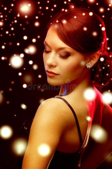 Woman In Evening Dress Wearing Diamond Earrings Stock Image Image Of