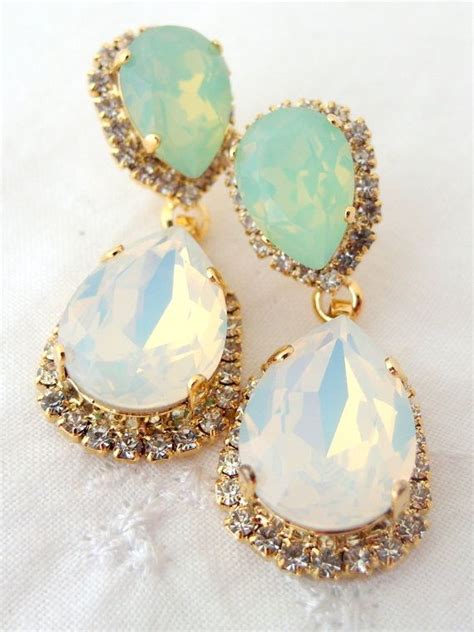 White Opal Mint Chandelier Earringsopal Bridal Earringsmint Etsy