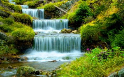 River With Cascading Waterfall Water Stones Green Grass