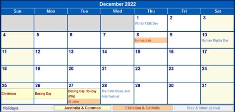 December 2022 Australia Calendar With Holidays For Printing Image Format