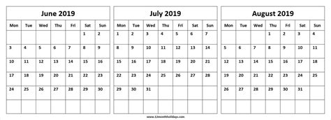 Blank Chalender For Junejuly And August Calendar Template Printable