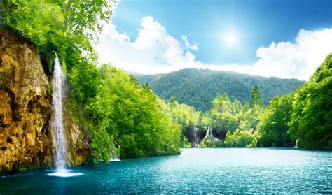 Waterfall Sea Lake Deep Forest Trees Sky Clouds Landscape