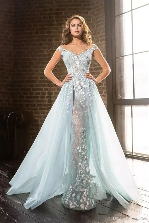 Delicate Ice Blue Mermaid Prom Dresses With Detachable Train 2017 V