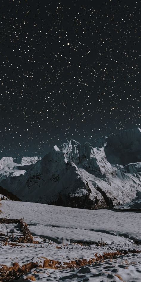 House Winter Landscape Mountains Night 1080x2160 Wallpaper