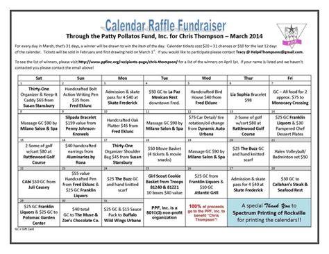 Monthly Lottery Calendar Fundraiser Raffle Calendar Fundraising