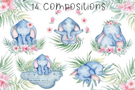 Lovely Elephants Watercolor Set Custom Designed Illustrations
