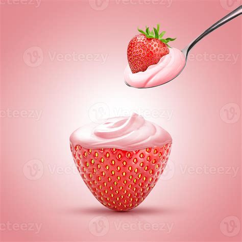 Strawberry Yoghurt Ads A Spoon Of Creamy Strawberry Yogurt Isolated